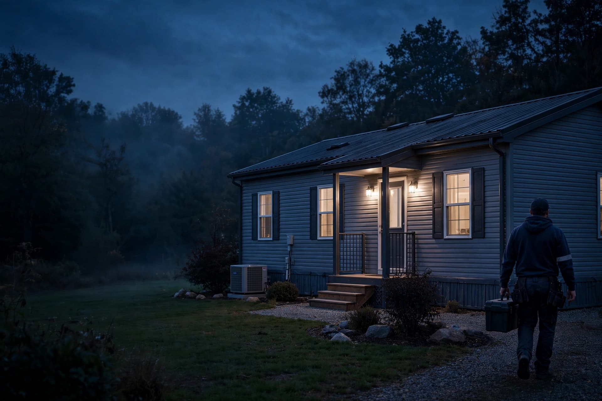A service professional approaching a well-maintained manufactured home at dusk